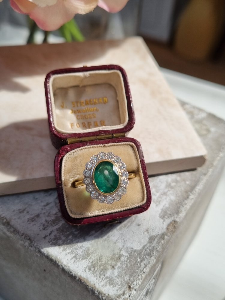 2.25ct Oval Emerald and Diamond Cluster Engagement Ring in 18ct Yellow Gold