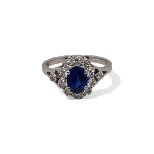 1.20ct Sapphire and Diamond Cluster Engagement Ring in 18ct White Gold