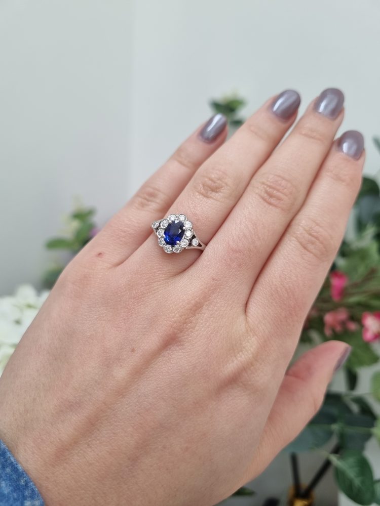 1.20ct Sapphire and Diamond Cluster Engagement Ring in 18ct White Gold