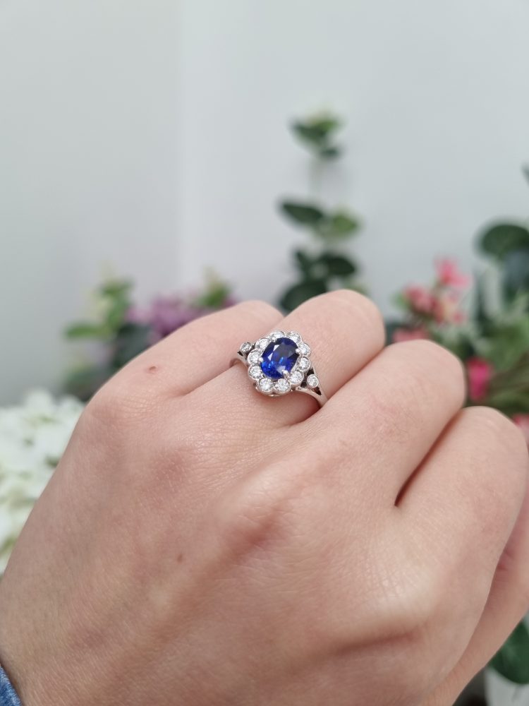 1.20ct Sapphire and Diamond Cluster Engagement Ring in 18ct White Gold