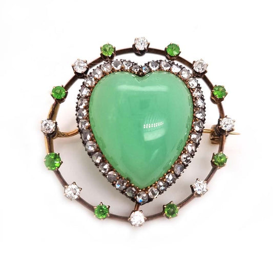 Antique Chalcedony Heart Brooch with Demantoid Garnet and Diamond, heart shaped cabochon chalcedony surrounded by fixed halo of alternating diamonds and demantoid garnets in 15ct yellow gold