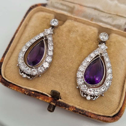 Antique Pear Cut Amethyst and Diamond Cluster Drop Earrings