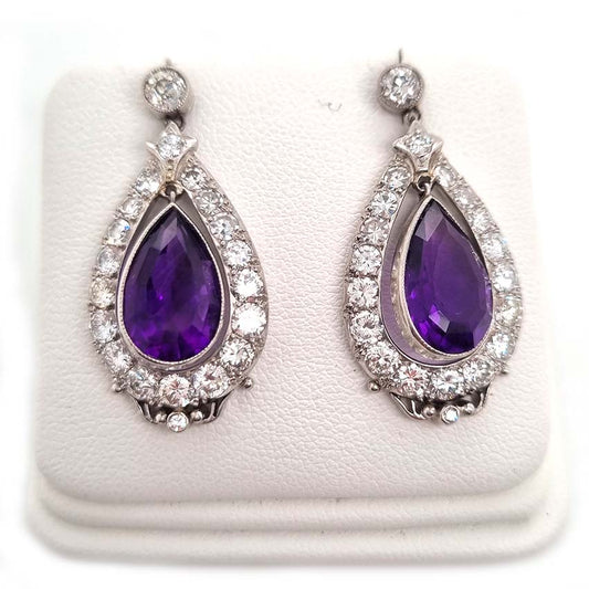 Antique Pear Cut Amethyst and Diamond Cluster Drop Earrings