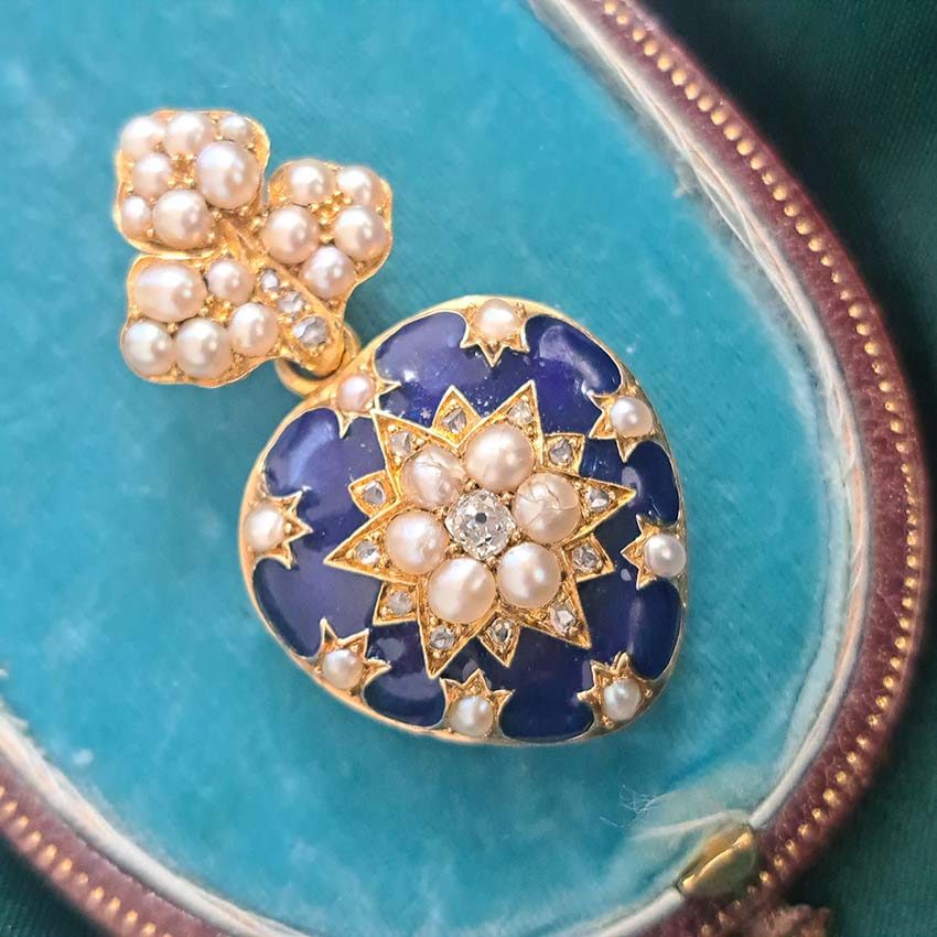 Victorian Antique Blue Enamel Pearl and Diamond Heart Locket Pendant