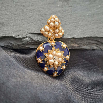 Victorian Antique Blue Enamel Pearl and Diamond Heart Locket Pendant