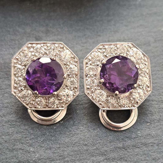 Antique Amethyst and Old Cut Diamond Cluster Clip Earrings
