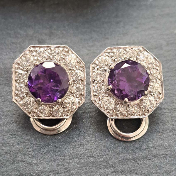 Antique Amethyst and Old Cut Diamond Cluster Clip Earrings