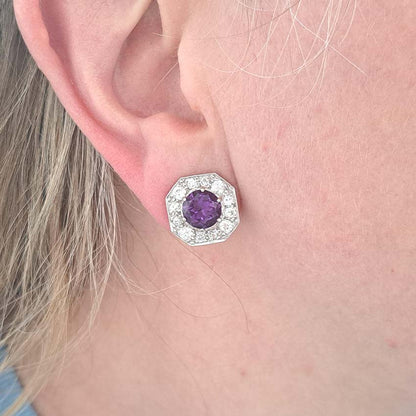 Antique Amethyst and Old Cut Diamond Cluster Clip Earrings