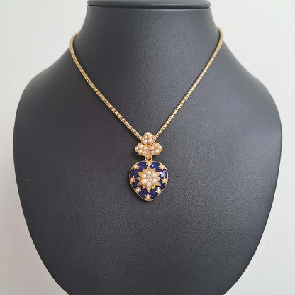 Victorian Antique Blue Enamel Pearl and Diamond Heart Locket Pendant