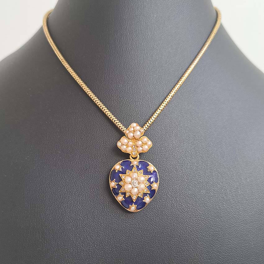 Victorian Antique Blue Enamel Pearl and Diamond Heart Locket Pendant