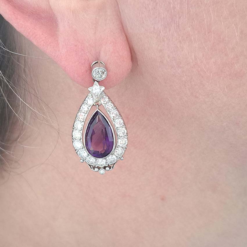 Antique Pear Cut Amethyst and Diamond Cluster Drop Earrings