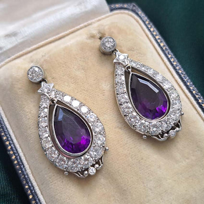 Antique Pear Cut Amethyst and Diamond Cluster Drop Earrings