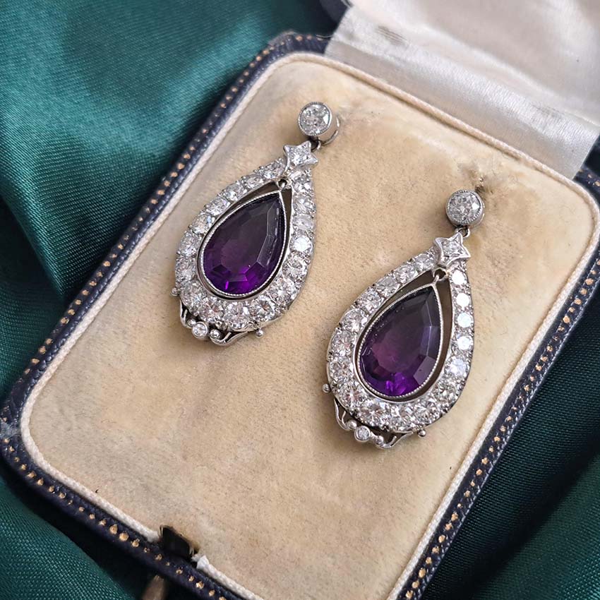 Antique Pear Cut Amethyst and Diamond Cluster Drop Earrings