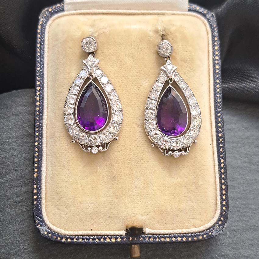 Antique Pear Cut Amethyst and Diamond Cluster Drop Earrings