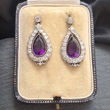 Antique Pear Cut Amethyst and Diamond Cluster Drop Earrings