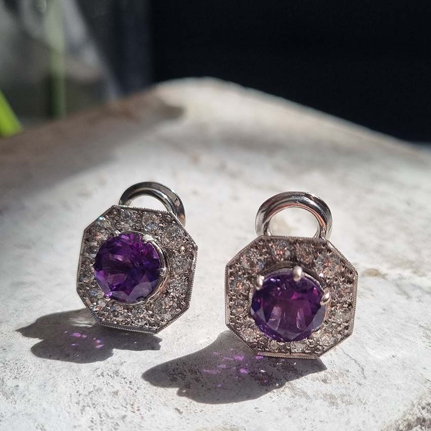 Antique Amethyst and Old Cut Diamond Cluster Clip Earrings