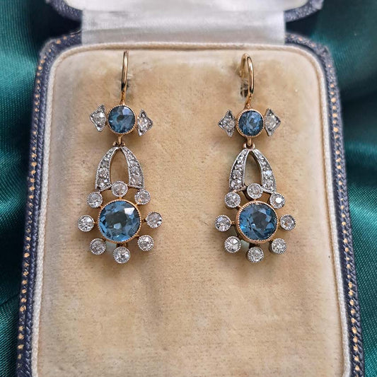 Edwardian Antique Aquamarine and Diamond Cluster Drop Earrings in platinum to 15ct yellow gold