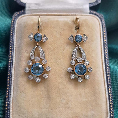 Edwardian Antique Aquamarine and Diamond Drop Earrings