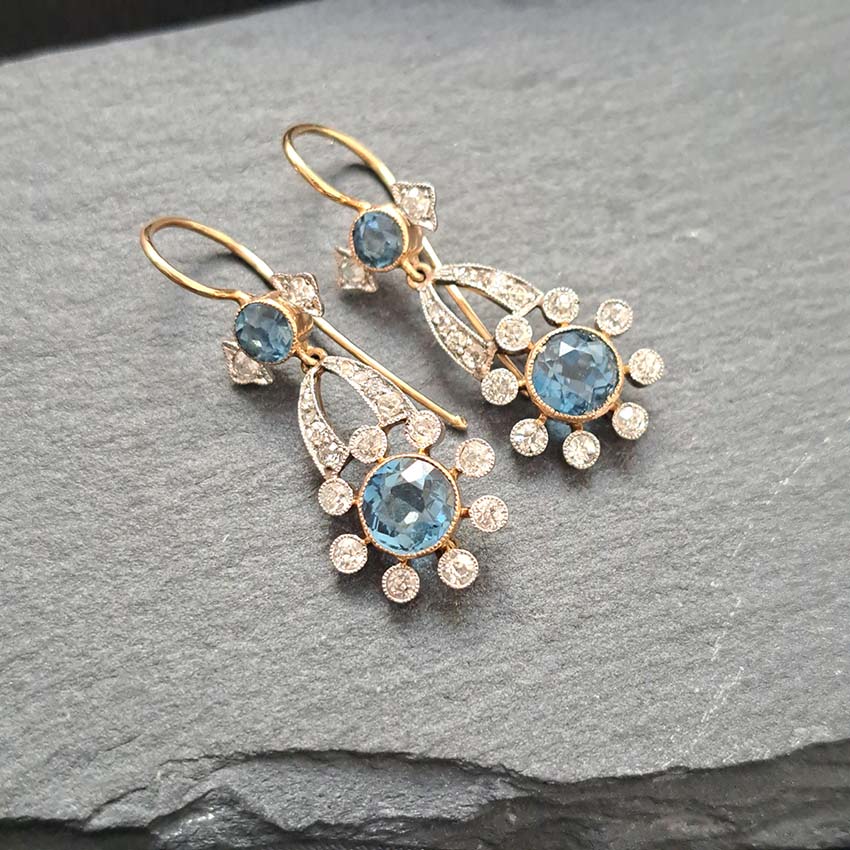 Edwardian Antique Aquamarine and Diamond Drop Earrings