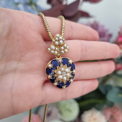 Victorian Antique Blue Enamel Pearl and Diamond Heart Locket Pendant