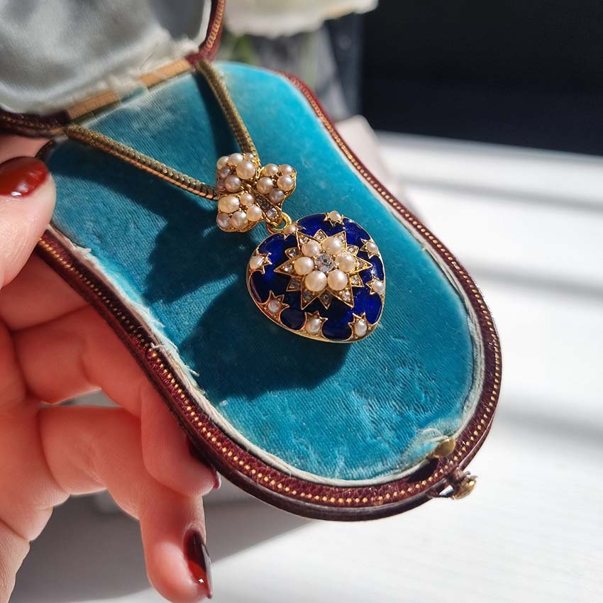 Victorian Antique Blue Enamel Pearl and Diamond Heart Locket Pendant