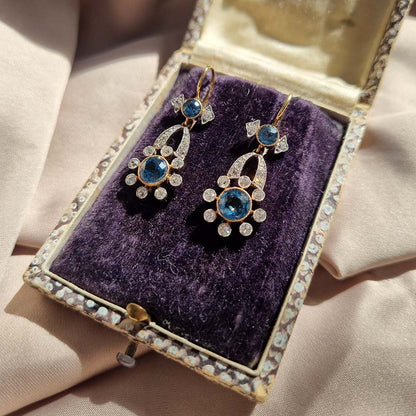 Edwardian Antique Aquamarine and Diamond Drop Earrings