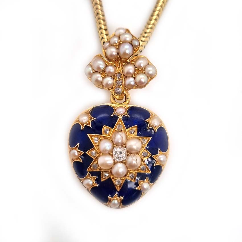 Victorian Antique Blue Enamel Pearl and Diamond Heart Locket Pendant, yellow gold heart shaped pendant with locket compartment to reverse