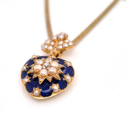Victorian Antique Blue Enamel Pearl and Diamond Heart Locket Pendant