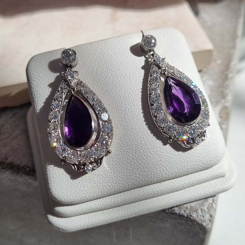 Antique Pear Cut Amethyst and Diamond Cluster Drop Earrings