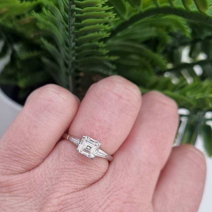 Asscher Cut Diamond Solitaire Ring with Baguette Shoulders