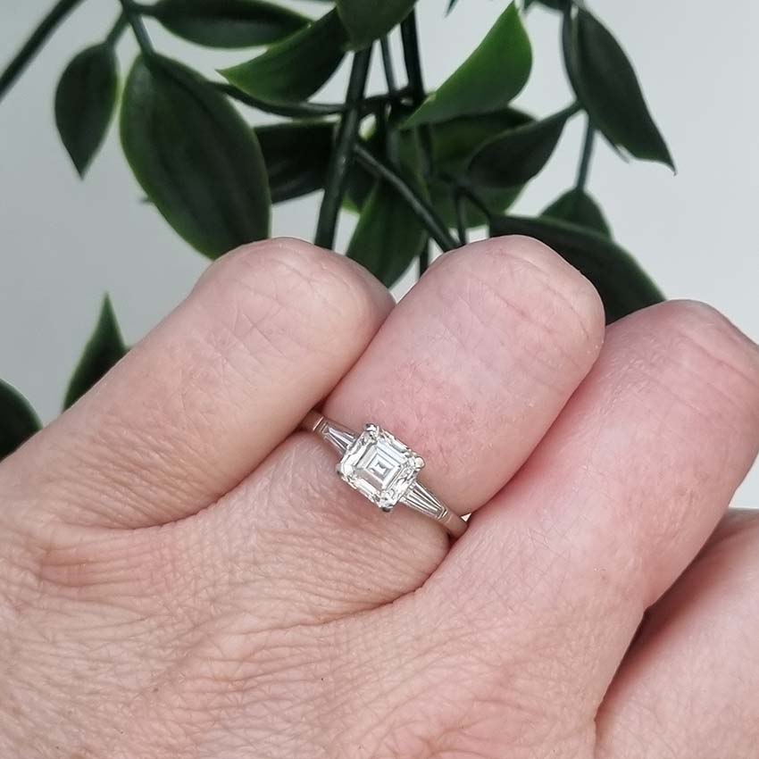 Asscher Cut Diamond Solitaire Ring with Baguette Shoulders