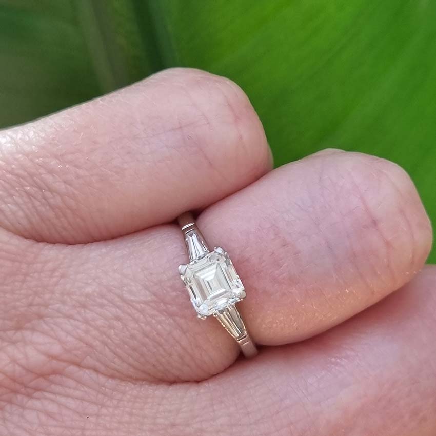 Asscher Cut Diamond Solitaire Ring with Baguette Shoulders