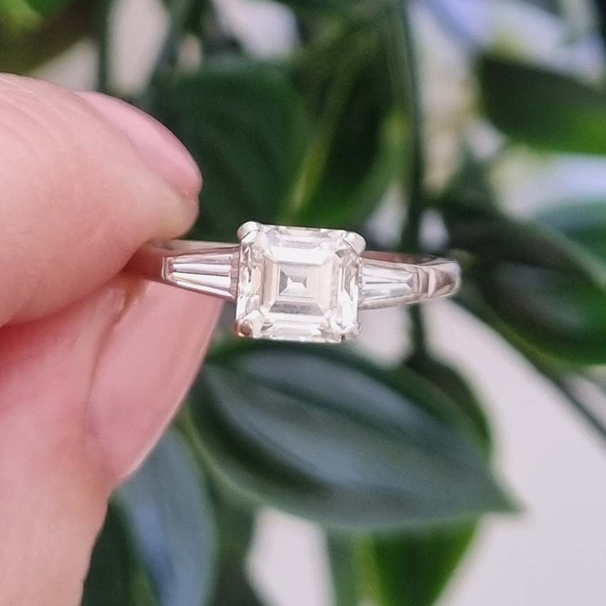 Asscher Cut Diamond Solitaire Ring with Baguette Shoulders