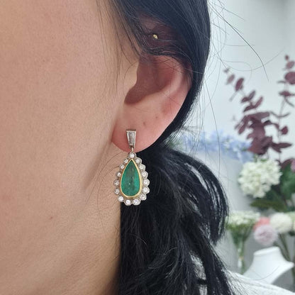 Vintage 2.50ct Pear Emerald and Diamond Cluster Drop Earrings