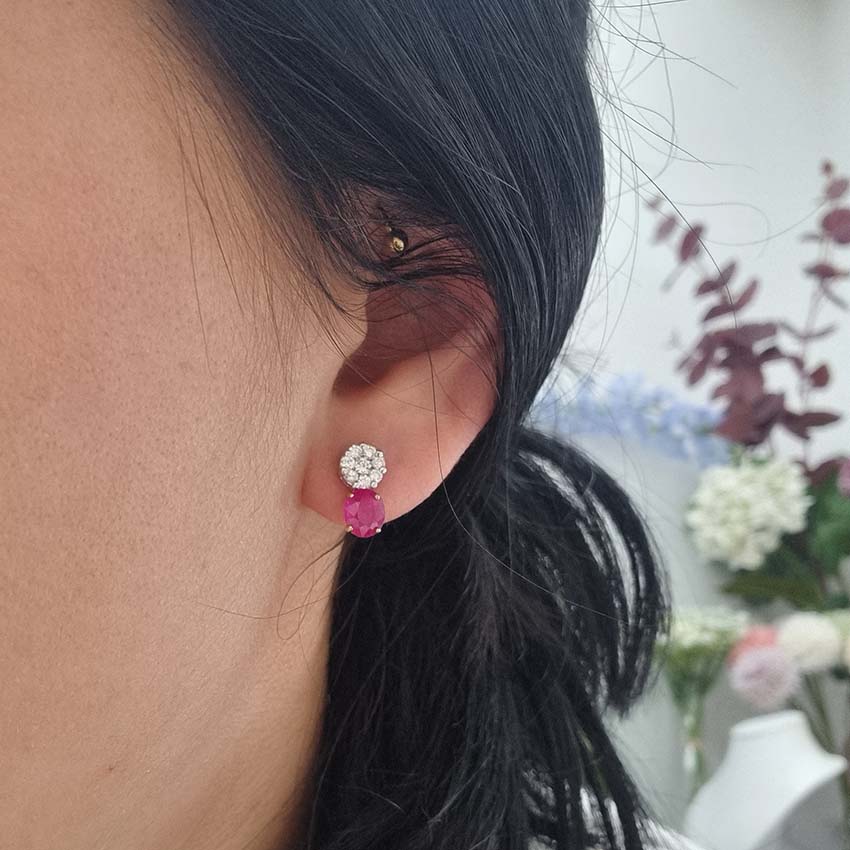 1.30ct Oval Ruby and Diamond Cluster Drop Earrings