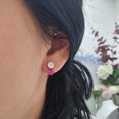 1.30ct Oval Ruby and Diamond Cluster Drop Earrings