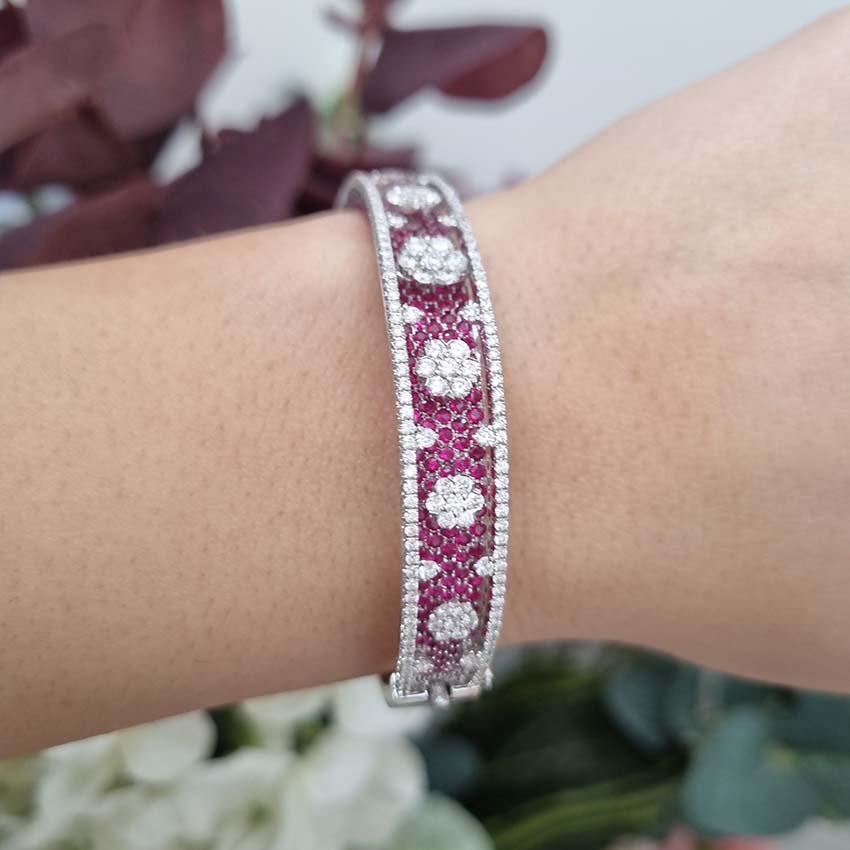2ct Ruby and 3ct Diamond Cluster Bangle Bracelet