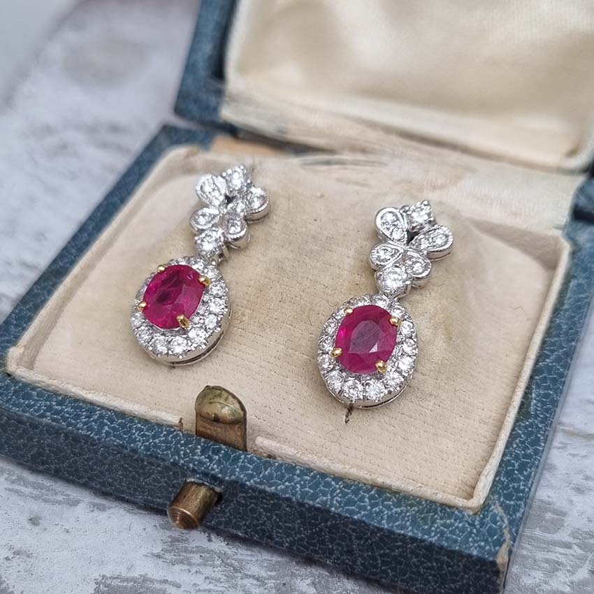 1.20ct Oval Ruby and Diamond Cluster Drop Earrings