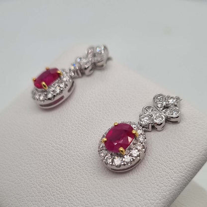 1.20ct Oval Ruby and Diamond Cluster Drop Earrings