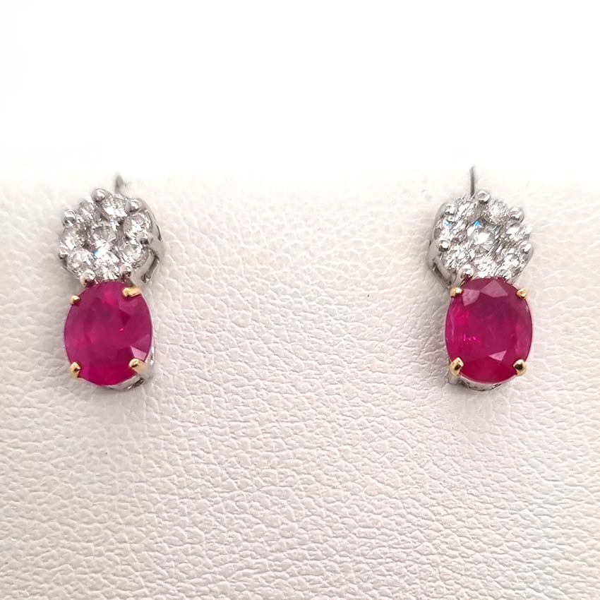 1.30ct Oval Ruby and Diamond Cluster Drop Earrings