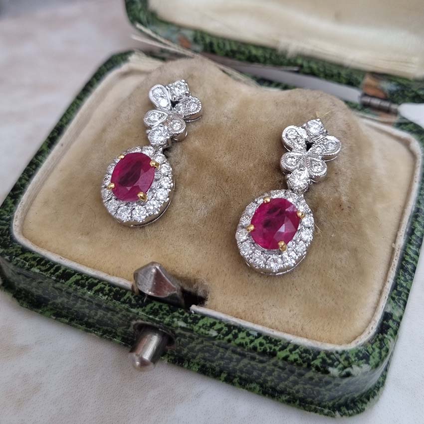 1.20ct Oval Ruby and Diamond Cluster Drop Earrings
