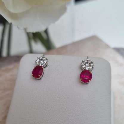 1.30ct Oval Ruby and Diamond Cluster Drop Earrings