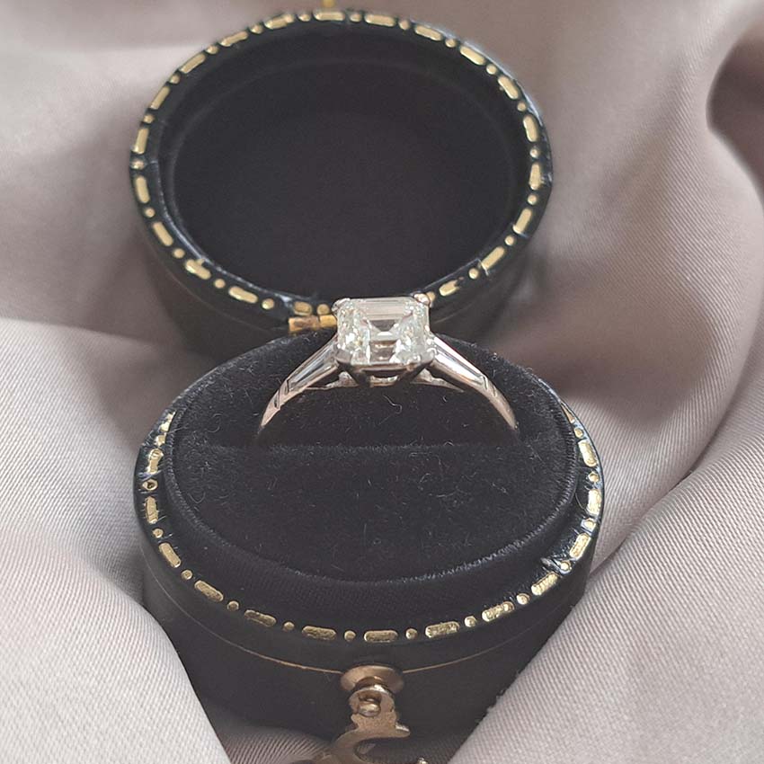 1ct Asscher Cut Diamond Solitaire Ring with Baguette Shoulders