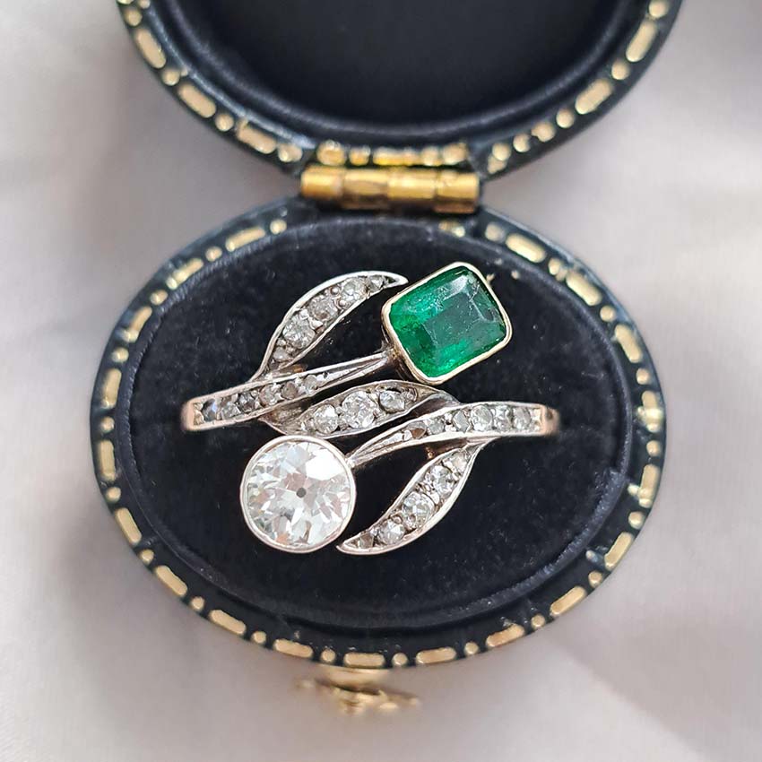 Art Nouveau Antique Emerald and Diamond Dress Ring