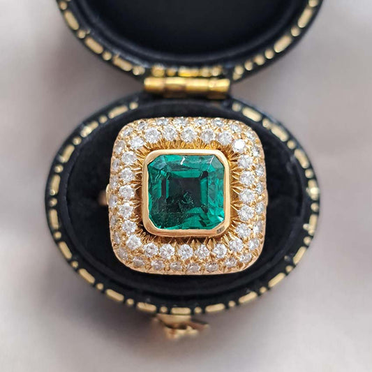 Natural Colombian Emerald and Diamond Cluster Dress Ring