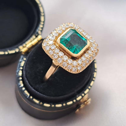 Natural Colombian Emerald and Diamond Cluster Dress Ring