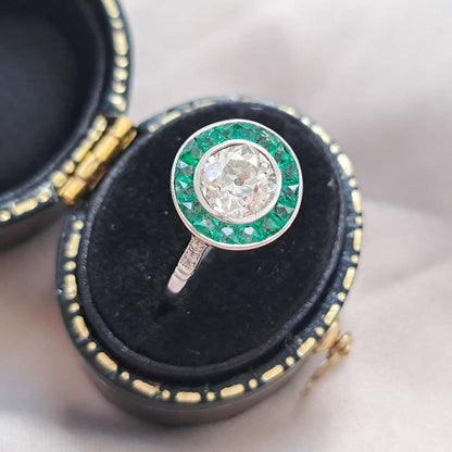 0.90ct Old Cut Diamond and Emerald Target Cluster Ring