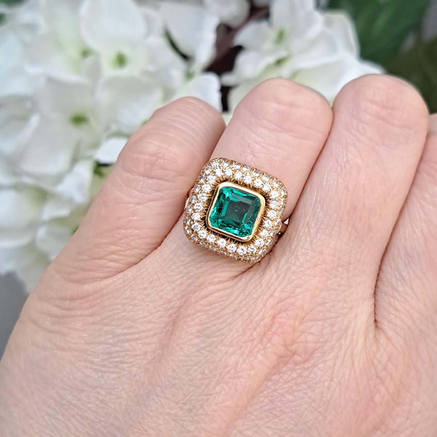 Natural Colombian Emerald and Diamond Cluster Dress Ring