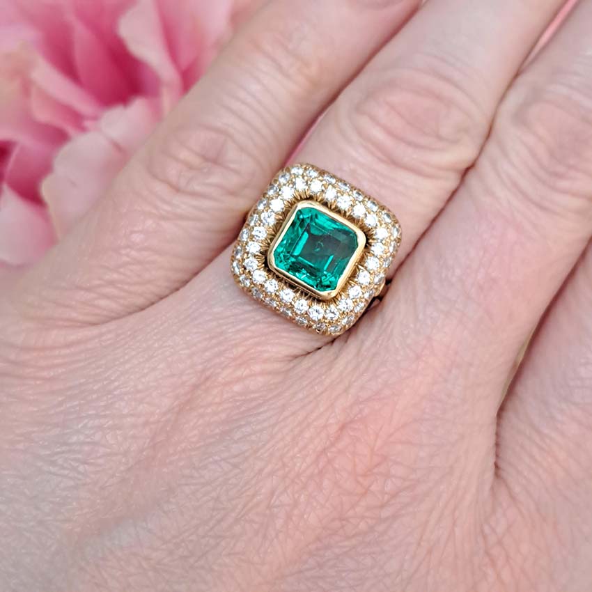 Natural Colombian Emerald and Diamond Cluster Dress Ring