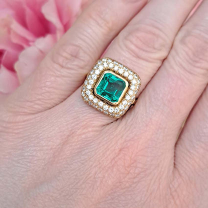 Natural Colombian Emerald and Diamond Cluster Dress Ring
